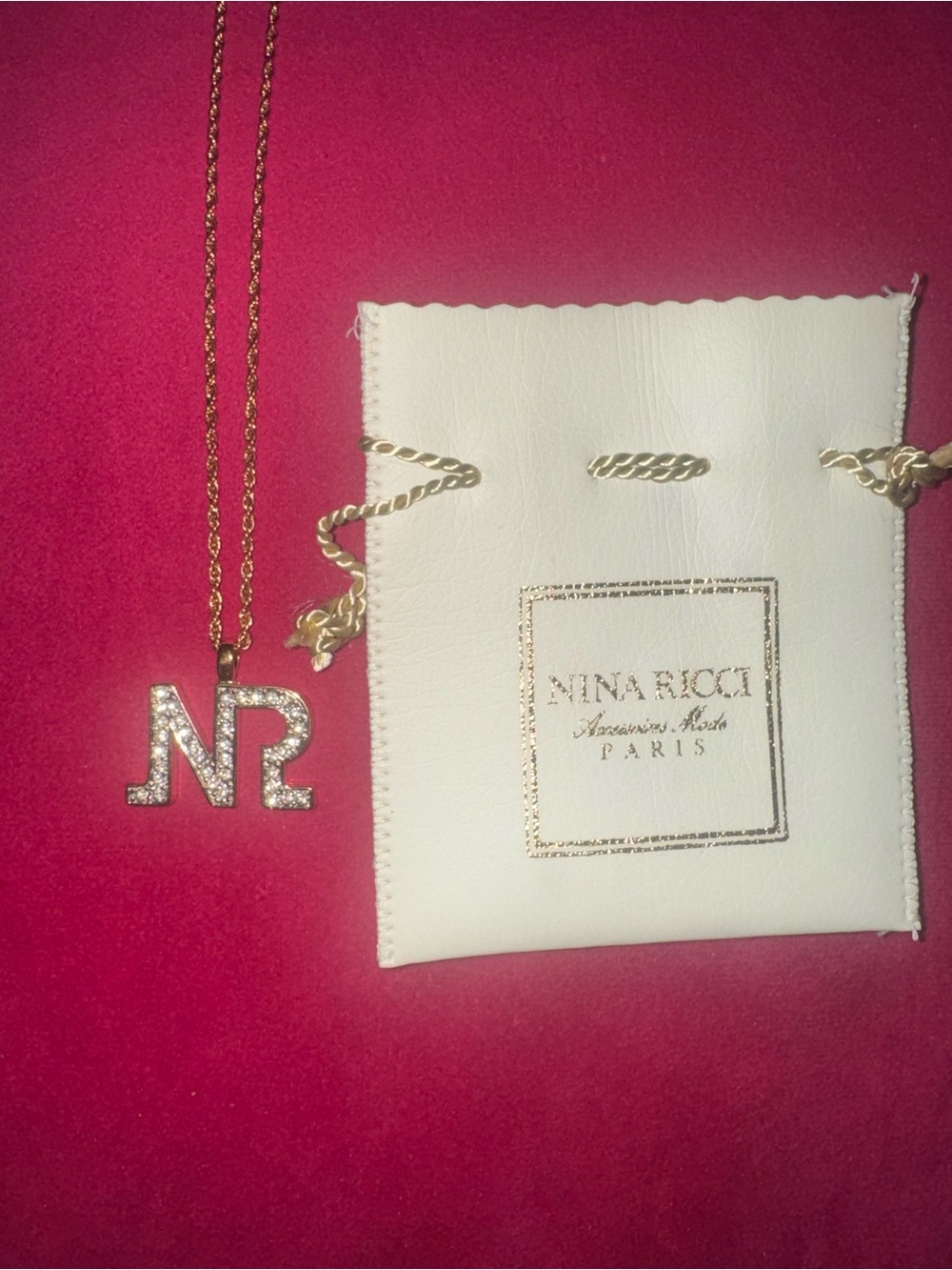 Nina Ricci Crystal NR Monogram Pendant Necklace w/ Pouch